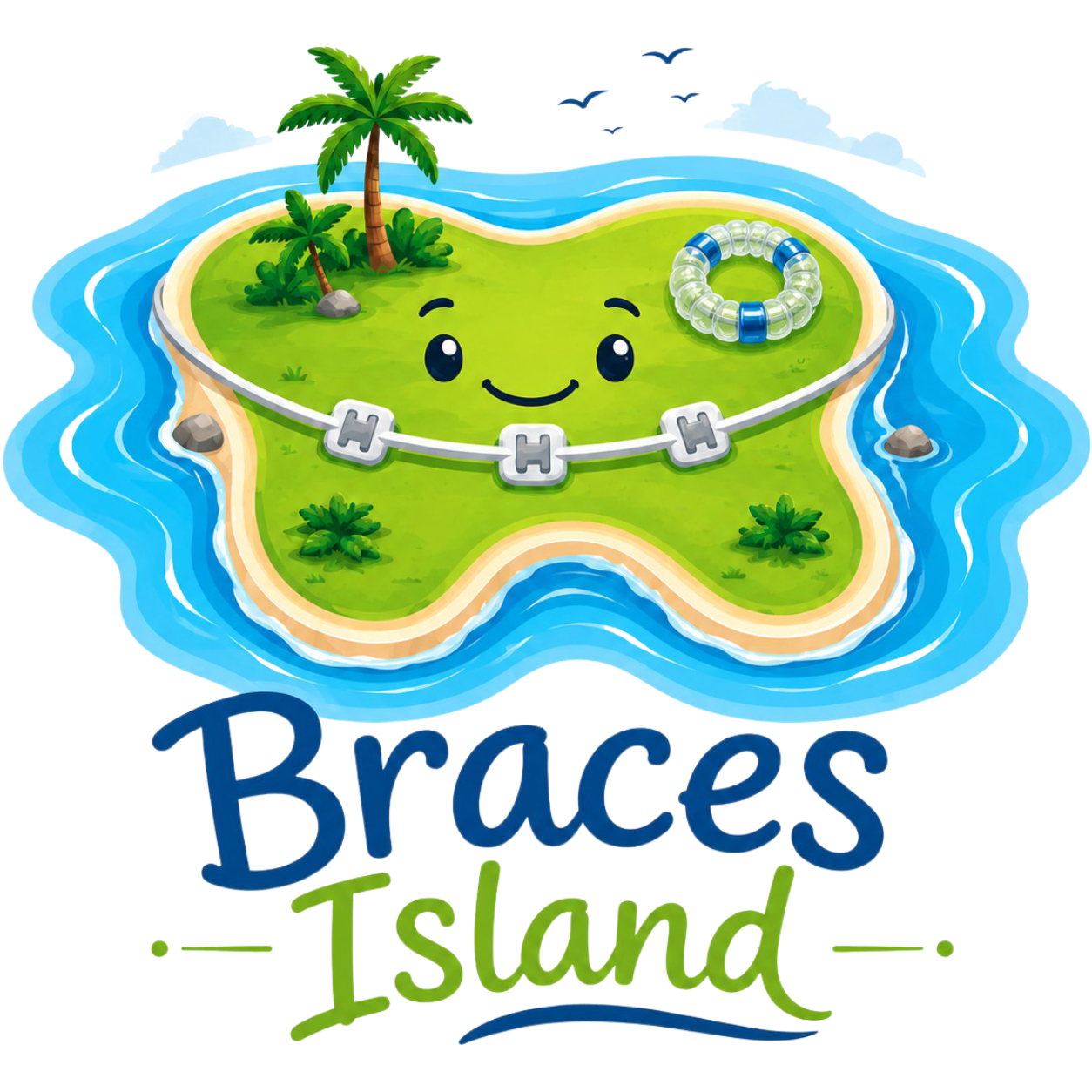 Braces Island logo, a smiling tooth-shaped island wearing braces